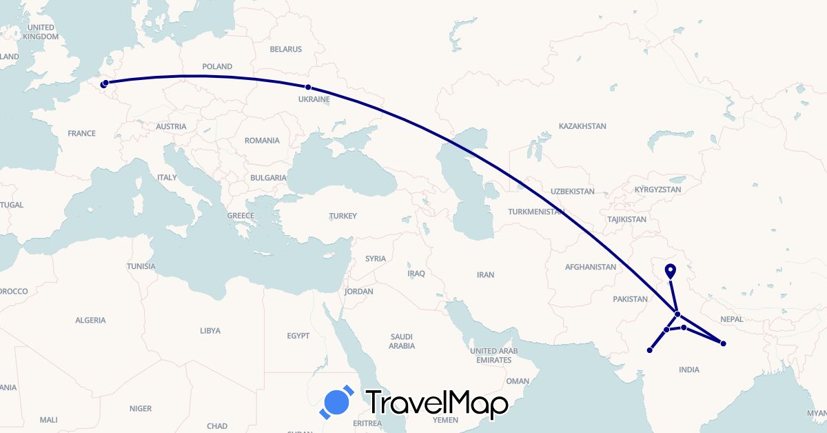 TravelMap itinerary: driving in Belgium, India, Ukraine (Asia, Europe)